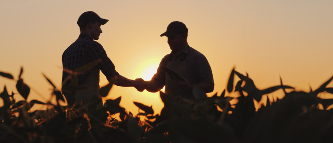 Silhouettes de deux fermiers dans un champ se serrant la main en signe d’un accord réussi