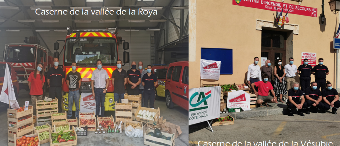 Les Jeunes Agriculteurs, la Banque Populaire et le Crédit Agricole aux côtés des pompiers des vallées sinistrées lors de la remise des coffrets garnis avec des produits des JA.