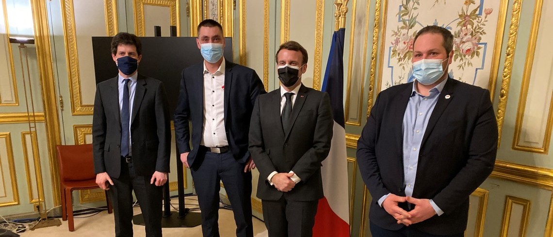 Julien Denormandie, Samuel Vandaele, Emmanuel Macron et Arnaud Gaillot.