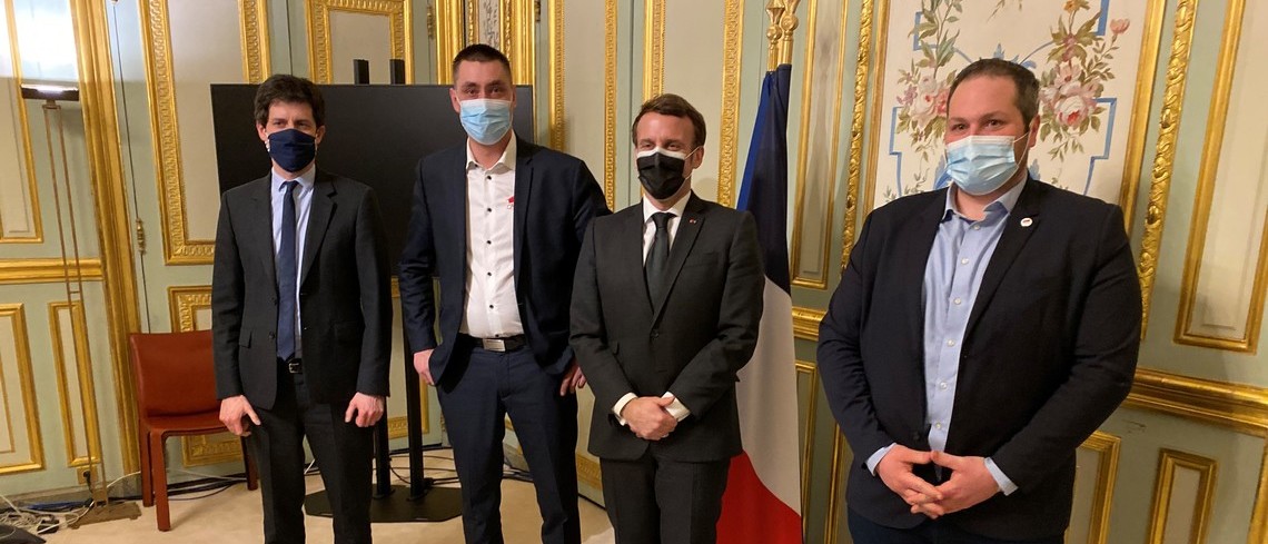 Julien Denormandie, Samuel Vandaele, Emmanuel Macron et Arnaud Gaillot. Julien Denormandie, Samuel Vandaele, Emmanuel Macron et Arnaud Gaillot.