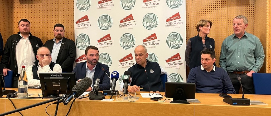 Les présidents JA et FNSEA lors de la conférence de presse, jeudi 6 février 2025. Les présidents JA et FNSEA lors de la conférence de presse, jeudi 6 février 2025.