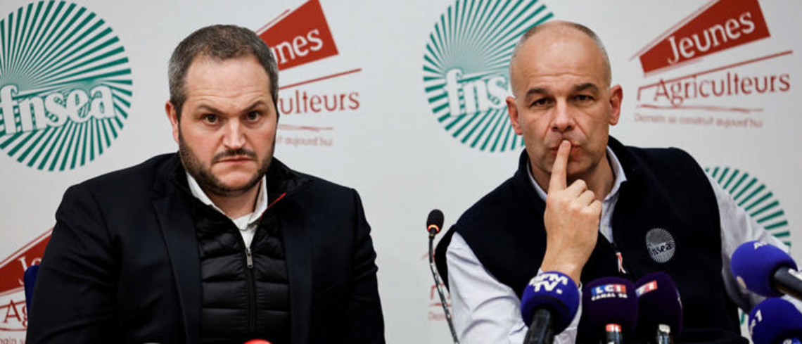 Arnaud Gaillot (JA) et Arnaud Rousseau (FNSEA) lors de la conférence de presse du 13 février 2024. AFP Arnaud Gaillot (JA) et Arnaud Rousseau (FNSEA) lors de la conférence de presse du 13 février 2024.