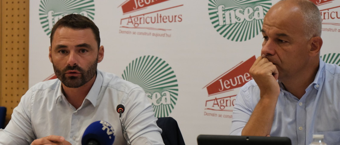 Pierrick Horel, président de Jeunes Agriculteurs et Arnaud Rousseau, président de la FNSEA lors du point presse, jeudi 29 août. Pierrick Horel, président de Jeunes Agriculteurs et Arnaud Rousseau, président de la FNSEA lors du point presse, jeudi 29 août.