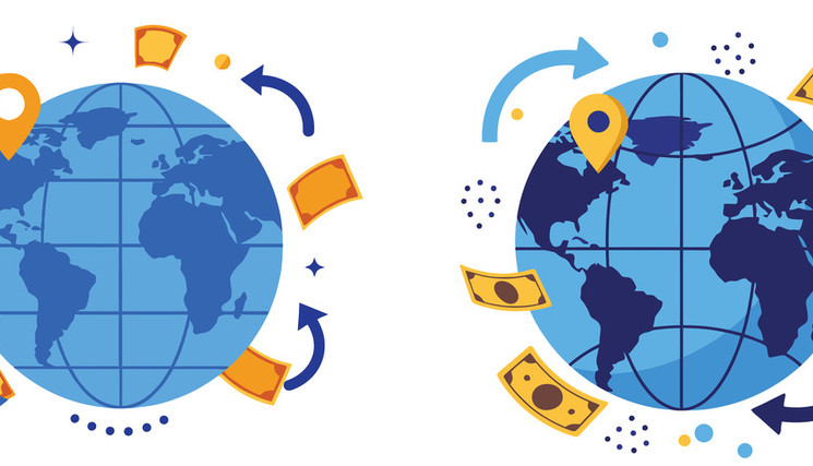Globe avec des flèches d’épingle de localisation et des billets symbolisant la présence mondiale des affaires et le commerce mondial.
