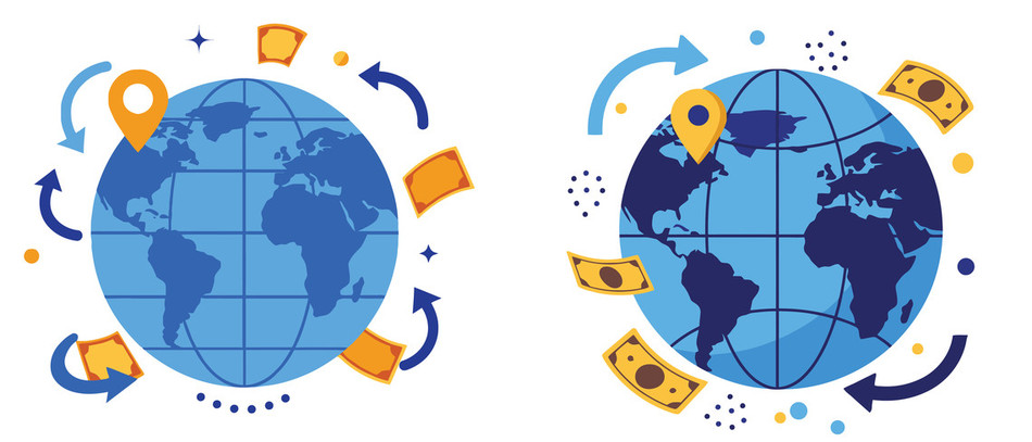 Globe avec des flèches d’épingle de localisation et des billets symbolisant la présence mondiale des affaires et le commerce mondial.