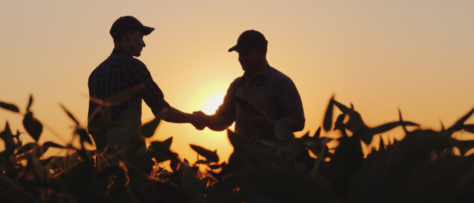 Silhouettes de deux fermiers dans un champ se serrant la main en signe d’un accord réussi