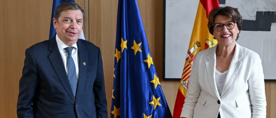 La ministre de l'Agriculture, de l'Agro-alimentaire et de la Souveraineté alimentaire, Annie Genevard, et son homologue espagnol Luis Planas, ministre de l’agriculture, de la pêche et de l’alimentation, le 1er octobre 2026.