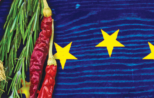 Légumes sur une table et morceau de drapeau européen en transparence.