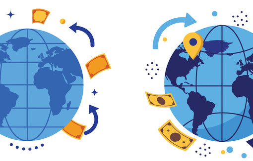 Globe avec des flèches d’épingle de localisation et des billets symbolisant la présence mondiale des affaires et le commerce mondial.