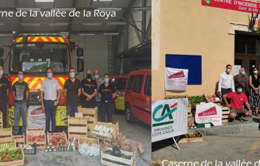 Les Jeunes Agriculteurs, la Banque Populaire et le Crédit Agricole aux côtés des pompiers des vallées sinistrées lors de la remise des coffrets garnis avec des produits des JA.