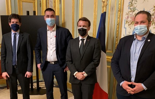Julien Denormandie, Samuel Vandaele, Emmanuel Macron et Arnaud Gaillot.