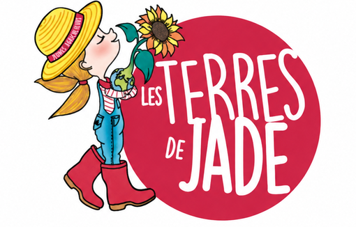 Logo des Terres de Jade avec une mascotte agricole et un tournesol.