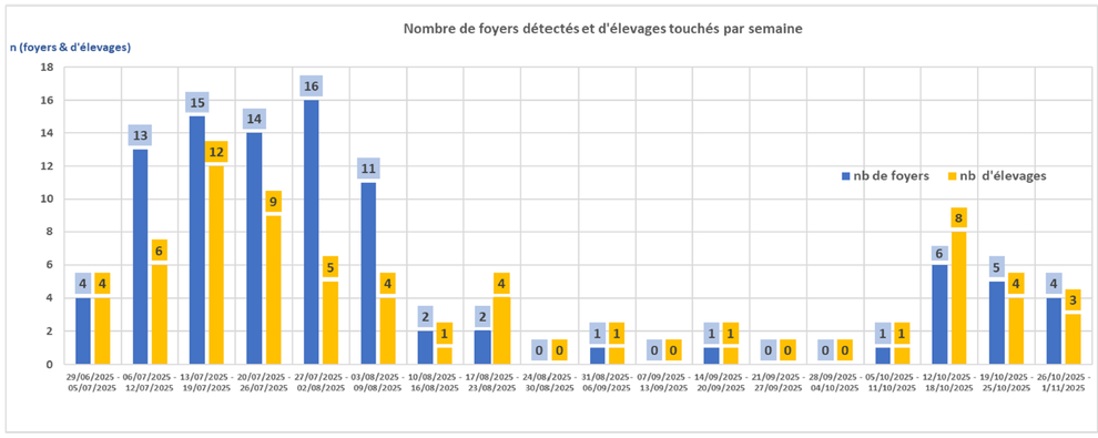 Graphique du nombre de foyer détectés et d'élevages touchés par semaine Graphique du nombre de foyer détectés et d'élevages touchés par semaine