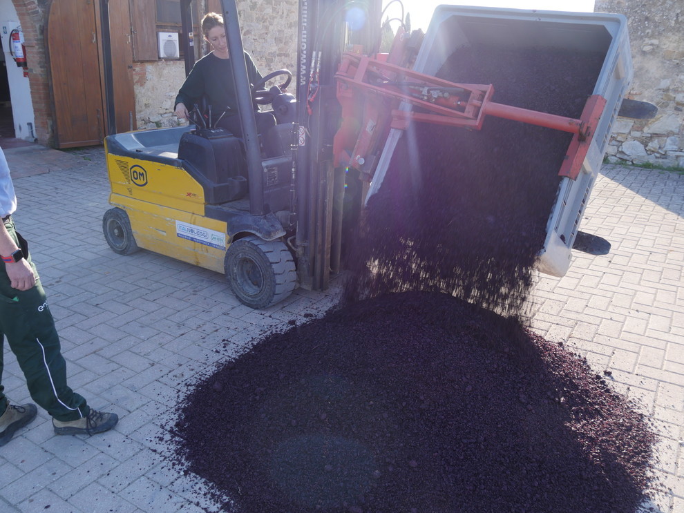 Diana verse les raisins séchés issus du pressage, destinés à être utilisés en distillerie. Diana verse les raisins séchés issus du pressage, destinés à être utilisés en distillerie.