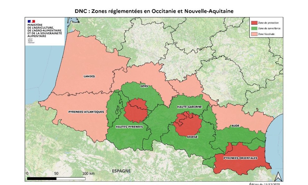Carte des zones réglementées en Occitanie et Nouvelle-Aquitaine.